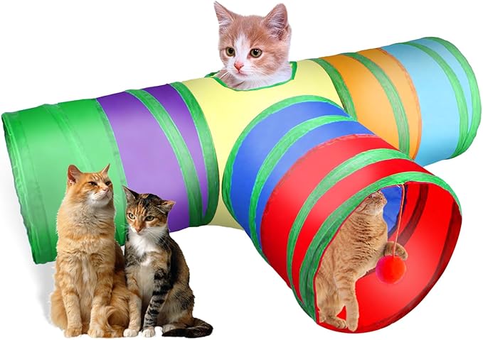 Cat Tunnel, Collapsible Tube with 1 Play Ball Kitty Toys, 3 Ways Cat Tunnels for Indoor Cats, Puppy, Kitty, Kitten, Rabbit (Rainbow) by Unknown