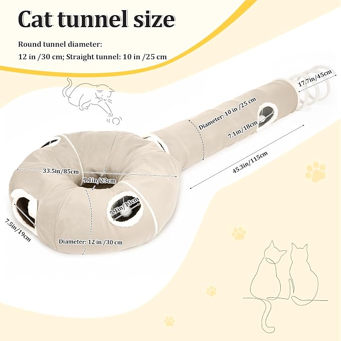Ownpets 2-in-1 Cat Tunnel Large Lollipop Collapsible Cave Plush,12"D, Beige | Foldable Tunnel Bed, Fluffy Ball, Multi-Exit Maze, For Cats Kittens Puppies Rabbits, Soft Plush, Easy Store, Cozy Hiding Spot - Image 7
