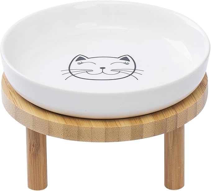 Lusifaco Shallow Wide Elevated Cat Bowls Whisker Fatigue (White,Set of 1) | 5.9 Inch 2 Height Raised Ceramic Cat Dishes with Bamboo Stand, Flat Pet Water Food Plates Feeding Station for Indoor Kitten by MakesMealsMoreEnjoyable