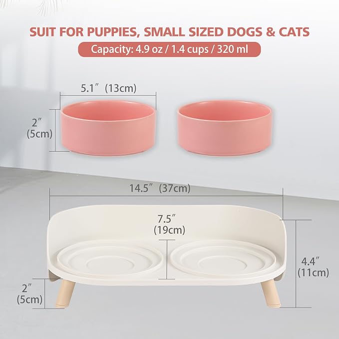 Raised Cat Food and Water Bowl Set - Elevated Ceramic Dishes with Non-Slip Stand and Splash Guard for Small Dogs - 2 x 320 ML (4.9 OZ) - Pink - Image 2