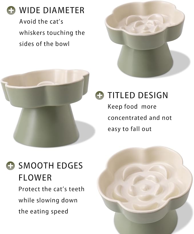 Tilted Cat Bowl, Flower-Shaped Ceramic Slow Feeder Cat Bowl, Raised Pet Bowl for Whisker Relief, Prevents Vomiting & Bloating, Non-Slip Base, Easy to Clean for Dry/Wet Food (Pink & Blue) - Image 3