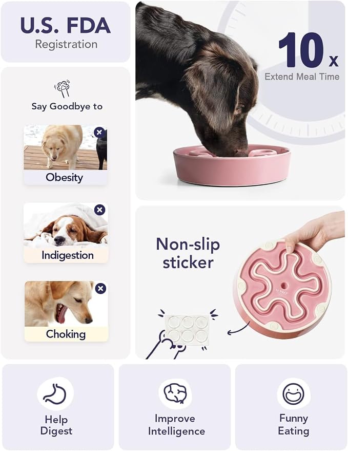 LE TAUCI Slow Feeder Dog Bowls Ceramic, 3 Cups Slow Feeding Dog Bowl Medium Large Breed, Pet Bowl for Fast Eaters, Puzzle Pet Dishes, Pink+Green - Image 3