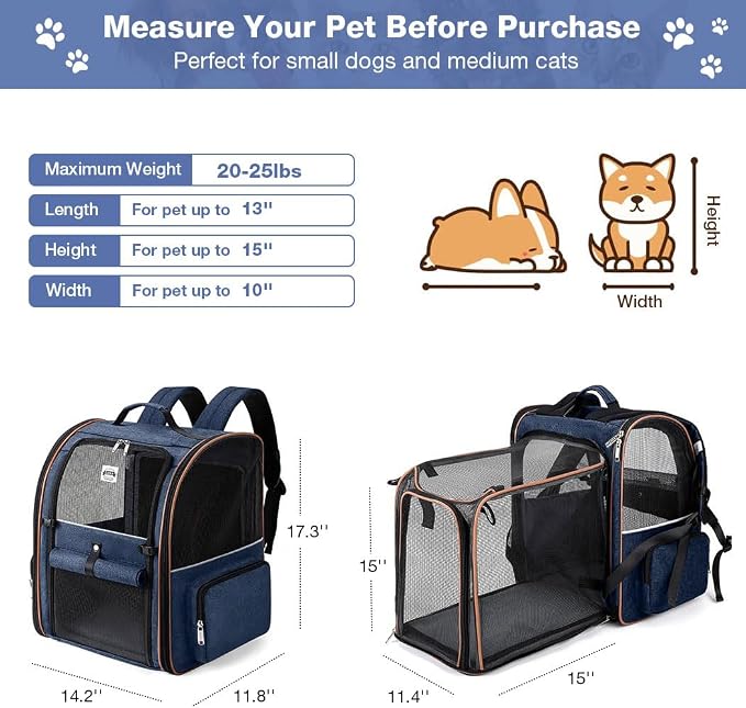 Extra Large Cat Backpack Carrier Expandable Pet Carrier Backpack for Small Dogs Medium Cats Fit Up to 18 Lbs, Dog Backpack Carrier, Foldable Puppy Backpack Carrier for Travel, Hiking,Blue - Image 2