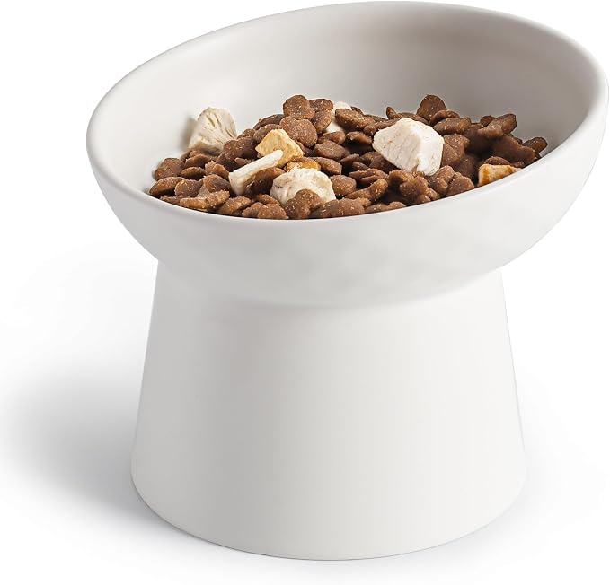 YauYik Small Raised Cat Bowls, Ceramic Tilted Elevated Food or Water Bowls, Stress Free, Backflow Prevention, Dishwasher & Microwave Safe, Lead & Cadmium Free, White by YAUYIK