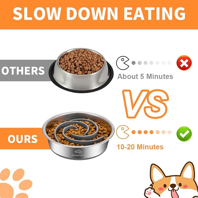 2-in-1 Metal Dog Bowl with Slow Feeder Insert, Stainless Steel Dog Bowls Food Grade 304, Water Food Bowl with Anti-Slip Silicone Base for Small, Medium, Large Dogs - Image 3