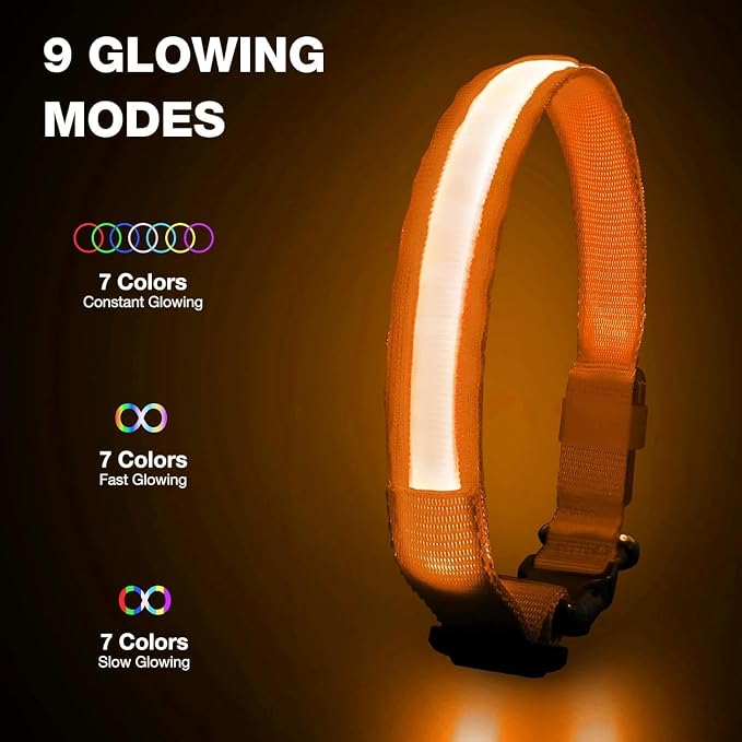 PcEoTllar Light up Dog Collar, for Night Walking, Adjustable, Orange, S | Colorful RGB Light, Waterproof, For Small Medium and Large Dogs, Durable Material, USB to Charge - Image 2