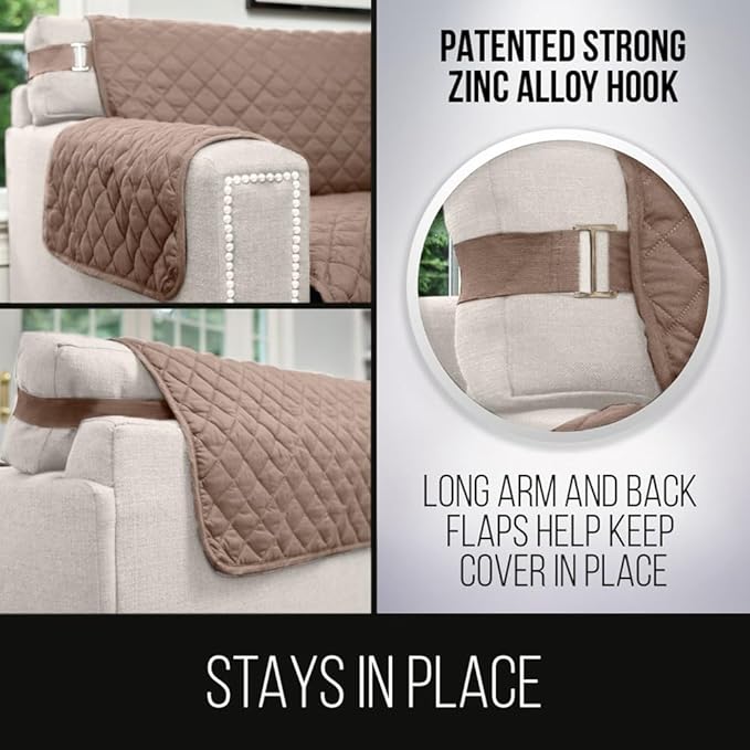 Sofa Shield® Couch Large Recliner Slip Cover with Strap, Latte Linen | Reversible Furniture Protector, Stain and Tear Resistant Cushion Cover, Machine Washable Slipcover for Pets, Cats 70 inch - Image 4