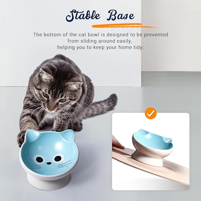 Raised Ceramic Cat Food Bowl - 15 Tilted, Spine Protection, Anti-Vomiting, Backflow Prevention for Adult Cats, Kittens, and Small Dogs (Blue Face) - Image 5