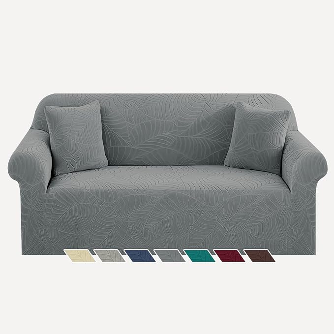 YEMYHOM Couch Cover Latest Jacquard Design High Stretch Sofa Covers for 2 Cushion Couch, Pet Dog Cat Proof Loveseat Slipcover Non Slip Elastic Furniture Protector (Medium, Begonia Leaf Dark Grey) by YEMYHOM