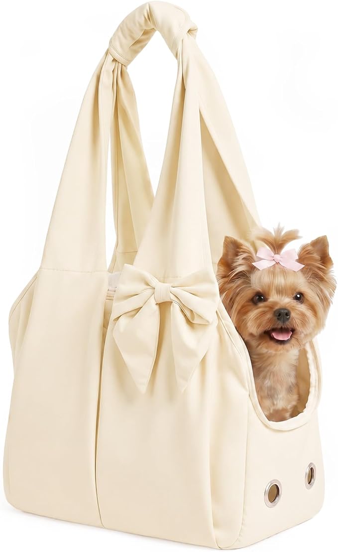 Fashion Dog Purse Carrier for Small Dogs and Cats, Soft-Sided Puppy Tote Bag Under 15 lbs, Lightweight Pet Carrier with 4 Pockets, Smart Zipper Lock, Pet Travel Bag for Travel Outdoor(Beige) by Unknown