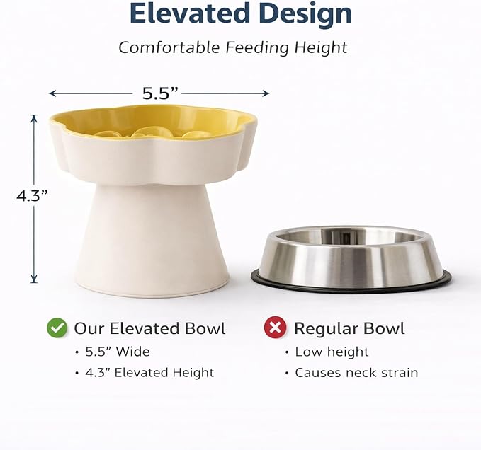 Ceramic Elevated Slow Feeder Cat Bowl, Raised and Gently Tilted Feeding Dish with Maze Design, Whisker-Friendly, Easy to Clean, for Indoor Cats and Small Dogs (Beige/Yellow) - Image 2
