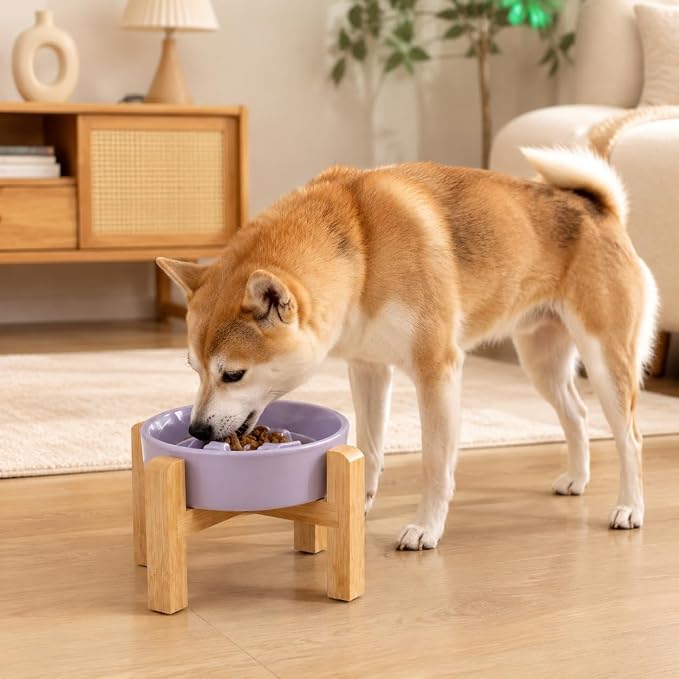Elevated Ceramic Slow Feeder Dog Bowls Anti-Choking Slow Feeding for Small&Medium Size Anti-Slip Non-Lead & Toxic Durable Easy to Clean Maze Slow Feeder Bowl（8.26in Light Purple Stars Pattern） - Image 6