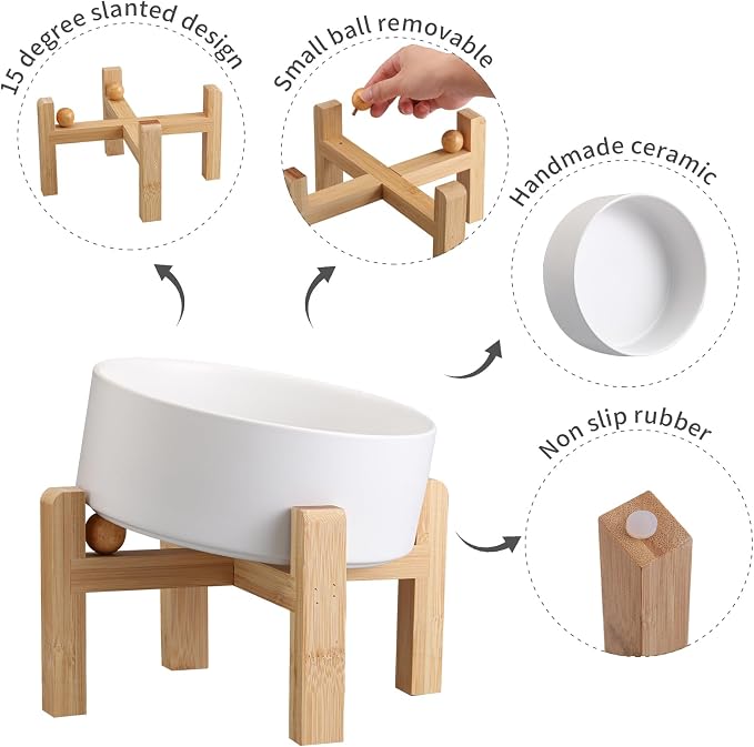 White Elevated/Raised 15°Tilted Anti Slip Ceramic Dog Bowl for Medium & Large Breeds,Slanted Bulldog Big Face Pet Feeding Food Water Dish Stand for Dogs (7.6 Cups/60OZ) - Image 4
