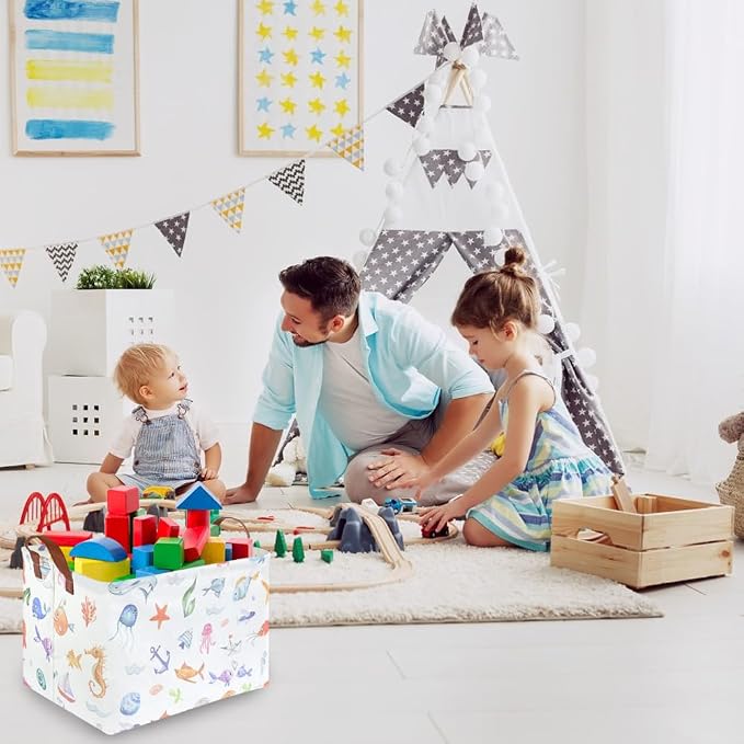 Rectangle Fish Basket,Ocean Animals Waterproof Kids foldable Laundry Basket,Nursery Hamper,Boys and Girls Hamper,kids Room decor, kids toy organizer,Gift basket(Ocean Animals) - Image 3