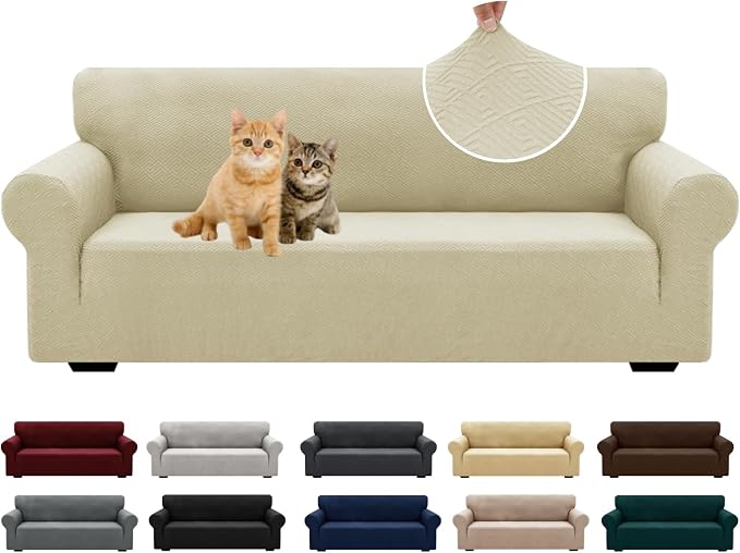 XINEAGE Stretch Jacquard Sofa Cover, Non Slip Sofa Slipcover for Dog | High-Stretch Fabric. Wear-Resistant, Pet Friendly. Easy Install & Washable for Living Rooms, Offices.Light Beige by XINEAGE