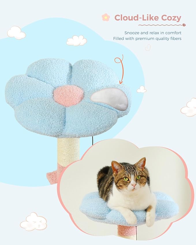 Flower Cat Tree 47.2" Multi-Level Cat Tower with Sisal Covered Scratching Posts, Cute Cat Condo for Indoor Small Medium Cats, Pink Top Perch, Ramp, Fluffy Ball, Blue - Image 4
