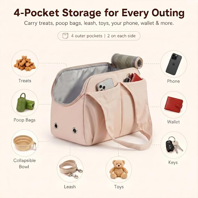 Fashion Dog Purse Carrier for Small Dogs and Cats, Soft-Sided Puppy Tote Bag Under 15 lbs, Lightweight Pet Carrier with 4 Pockets, Smart Zipper Lock, Pet Travel Bag for Travel Outdoor(Pink) - Image 4