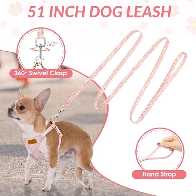 SlowTon No Pull Dog Harness with Leash for Small Medium Dogs, Pink XS | Floral Pattern, Step-in, Lightweight, Easy Put On and Off, No Choke, Soft Cotton and Suede for Daily Walking - Image 4