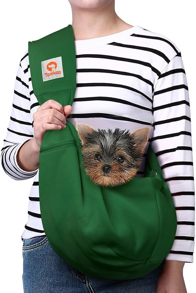 Tomkas Small Dog Cat Sling Carrier Puppy Purse Travel Wrap Soft Crossbody Pet Bag (Emerald Green, M - Zip Pocket & Adjust Strap) by TomkasFORTHELOVEOFPALS