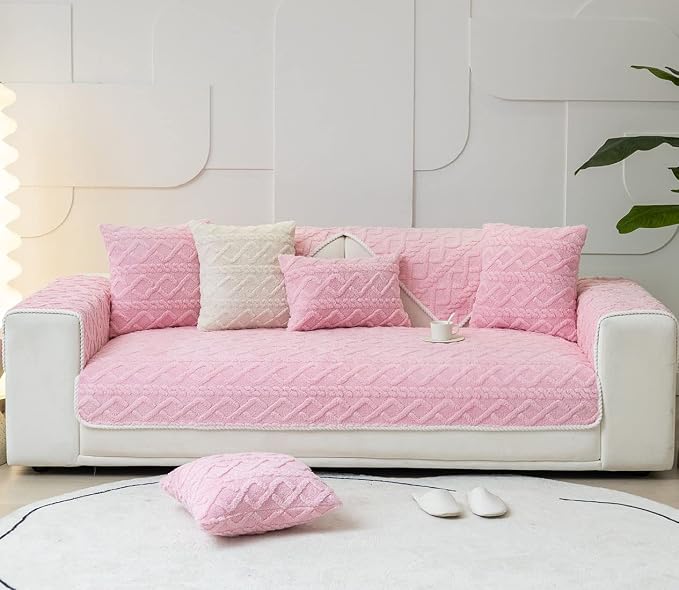 vctops Geometric Jacquard Plush Sofa Couch Covers Farmhouse Neutral Non Slip Sectional Couch Cover Soft Warm Sofa Slipcover for Dogs, Children, Pets Furniture Protector (Pink,36"x94") - Image 2