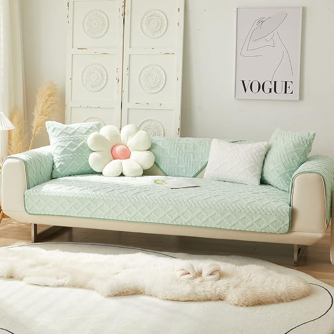 vctops Geometric Jacquard Plush Sofa Couch Covers Farmhouse Neutral Non Slip Sectional Couch Cover Soft Warm Sofa Slipcover for Dogs, Children, Pets Furniture Protector (Green,43"x43") - Image 5