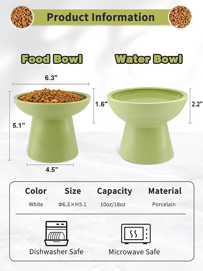 LoeJan Elevated Food and Water Bowls Set, Extra Wide and Raised Ceramic Feeder, Anti-Vomit Whisker-Free Pressure Cat Bowl for Kittens to Adult Cats, Small Dogs (Green, Water Bowl) - Image 2