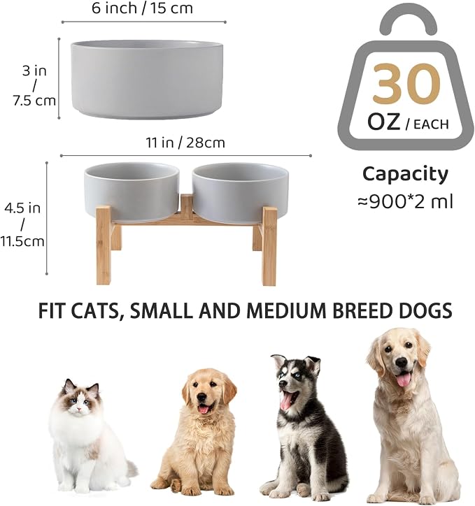 Raised Ceramic Dog Bowl Set - Elevated Dog Bowls with Non Slip Bamboo Stand, Food and Water Bowl Set for Small and Medium Breed Dogs, Pet Bowls, Weighted Dogs Dishes (6'', 2 * 30OZ, Grey) - Image 3