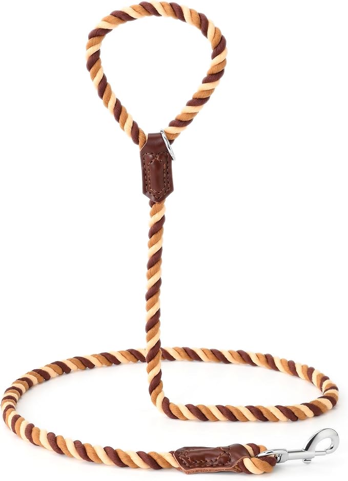 Mile High Life Rainbow Dog Leash Braided Cotton Rope w Leather-Wrapped Ends | Rust-proof 360° swivel clasp, Heavy-duty for medium/large breeds. Great for weddings, daily walks (5FT, 1/2", Brown Gradient) - Image 6