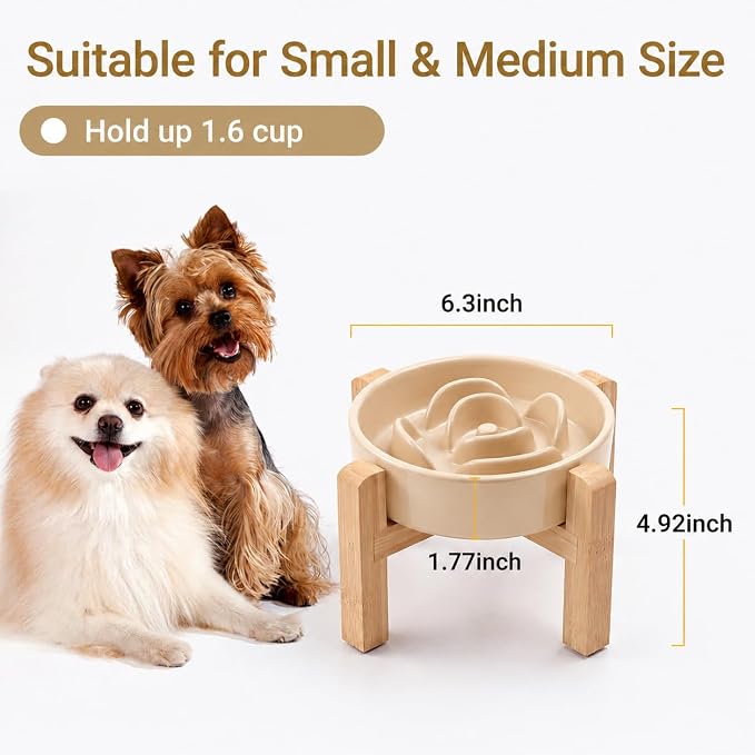 Elevated Ceramic Slow Feeder Dog Bowls Anti-Choking Slow Feeding for Small&Medium Size Anti-Slip Non-Lead & Toxic Durable Easy to Clean Maze Slow Feeder Bowl（8.26in Khaki Flower Pattern） - Image 2