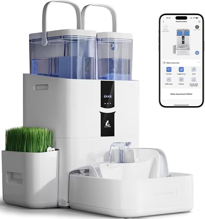 Automatic Cat Water Fountain 10L/338 oz Self Filling, Pet Drinking Fountains Dogs, Smart Bowl 5G WiFi Filtered Water Dispenser Easy Cleaning Oxygen-Rich, Wastewater Separate, No Slime, Quiet by LALAHOME