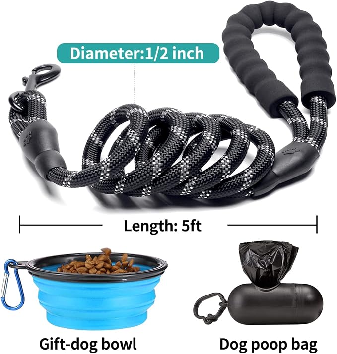 COOYOO 2 Pack Dog Leash 5 FT Heavy Duty - Comfortable Padded Handle - Reflective Dog Leash for Medium Large Dogs with Collapsible Pet Bowl - Image 6