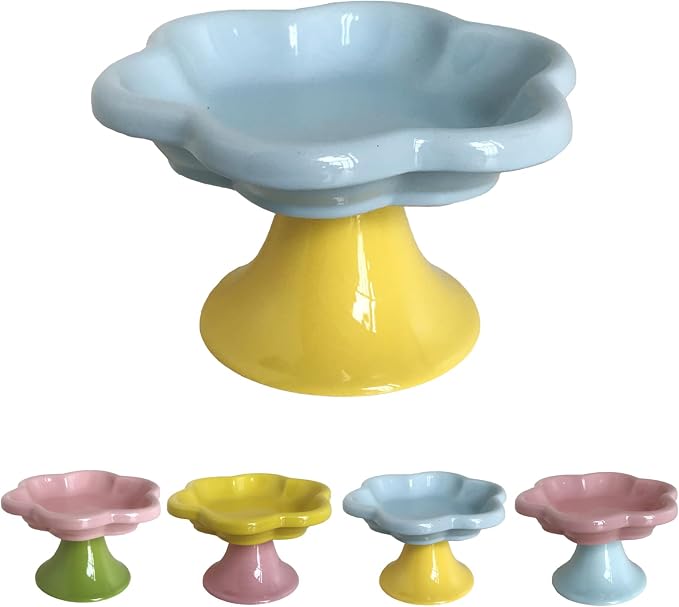 Ceramic Elevated Cat Bowls Flower Dish,Small Raised Dish.Flower Ceramic Raised Bowls for Cats and Small Dogs reducing pet’s Neck Bending and Pressure （Blue Yellow） by Unknown