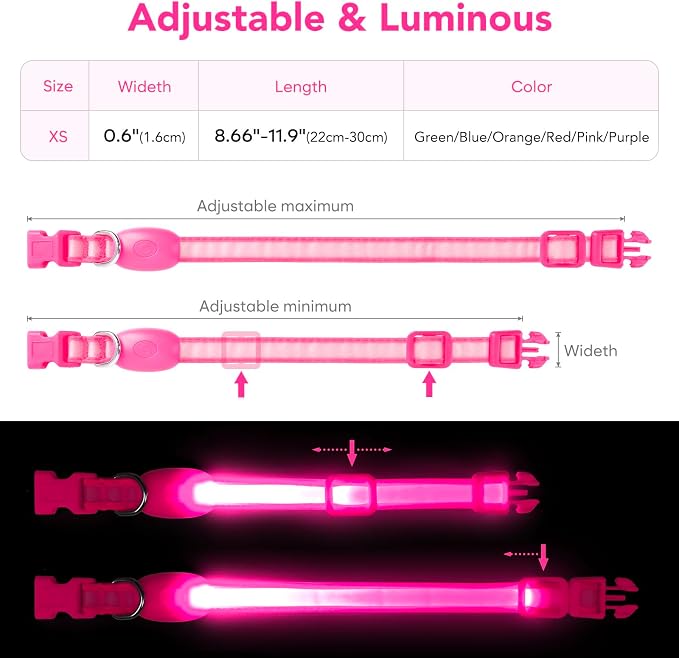 Light up Collar for Small Dog,Vizpet XS Adjustable Size Nylon Collar USB Rechargeable Bright Safety Pet Collar for Cats Small Dogs (Pink, X-Small[ 8.66-11.9 inch/22cm-30cm]) - Image 5