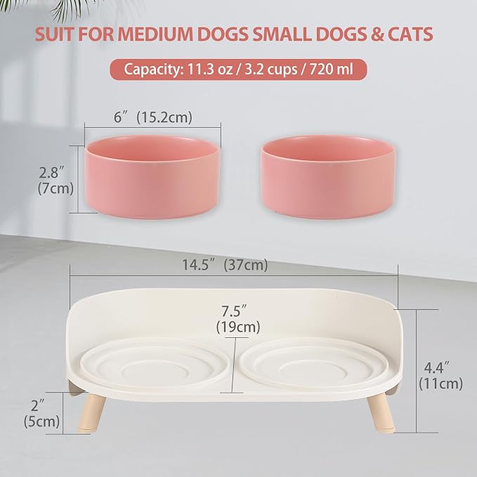 Elevated Ceramic Dog Bowl Set - Double Dog Feeding Bowls with Stand Splash Proof - Raised Dishes for Food and Water - Ideal for Small to Medium Dogs - 2 x 720 ml - 11.3 oz - Pink - Image 2