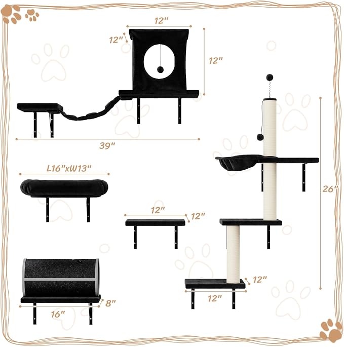 7-in-1 Cat Wall Shelves, Wall Mounted Climber Set | Cat Furniture with House, Tunnel, Bridge, Steps, Scratcher, Hammock, Shelves for Indoor, Black - Image 4