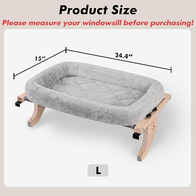 AMOSIJOY Cat Sill Window Perch Sturdy Hammock Window Seat with Cushion Bed Cover, Wood & Metal Frame for Large Cats, Easy to Adjust Cat Bed for Windowsill, Bedside, Drawer and Cabinet(Cushion Bed) - Image 3