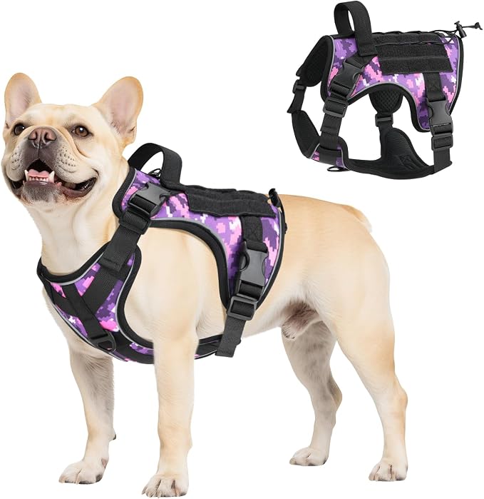 VavoPaw Heavy Duty Tactical Dog Harness for Small Dogs, No Pull Adjustable | Pet Harness Reflective Service Training Easy Control Pet Vest Military K9 Working Dog Harnesses（Purple Camouflage, S） by VavoPaw