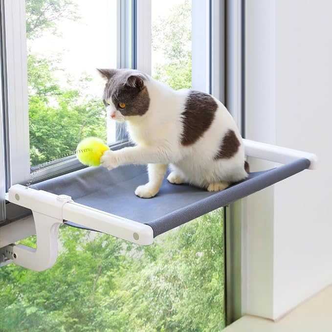 Cat Window Perch, Cat Hammock Window Seat with Sturdy Metal Frame for Large Cats and Kittens, Easy to Adjust for Windows & Bedsides, No Suction Cup No Drilling by SVDPET