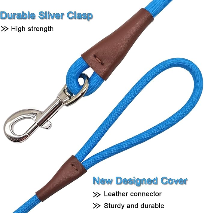 MayPaw 4/6/8/10FT Rope Dog Leash, 6 Classic Solid Colors Strong Nylon Leash | 1/2-Inch Thick Training Leash for Medium Larges Reinforced with Leather Tailor Connection Heavy Duty Silver Clasp (6ft, blue) - Image 3
