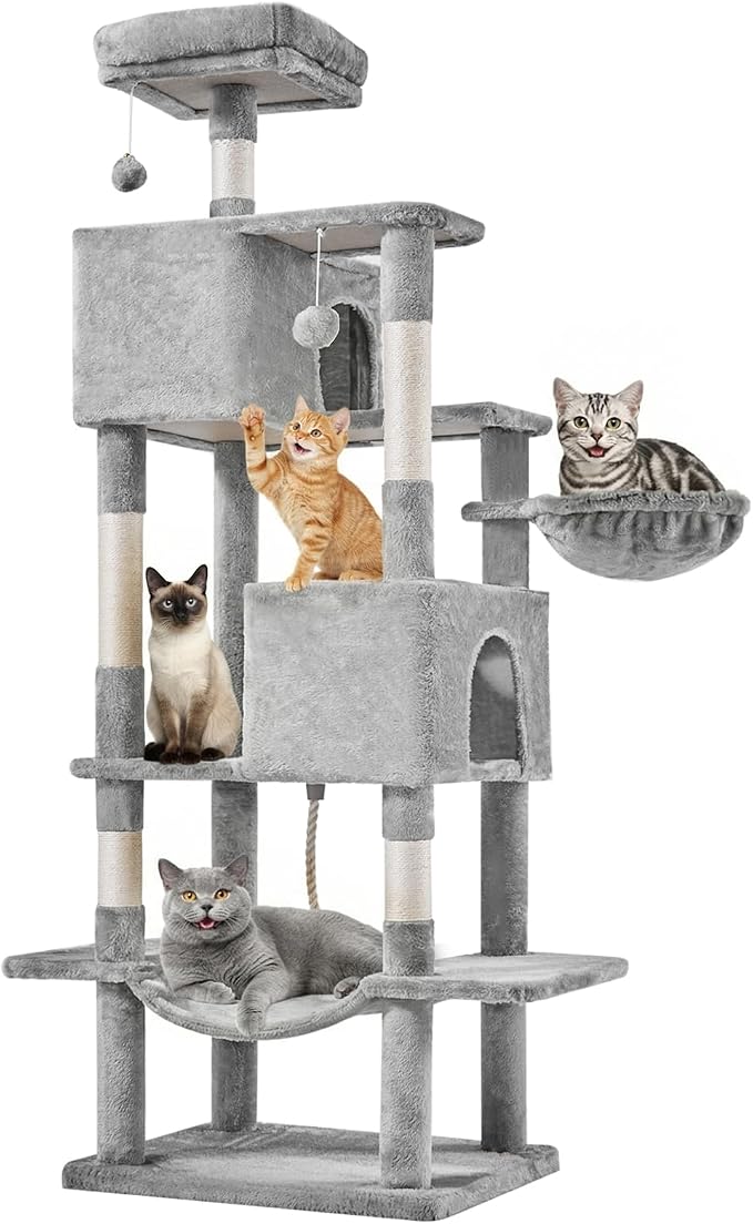 DUMOS Large 66 Inch Cat Tree Tower with Scratching Posts, Indoor Use | Tall Multi Level Cat Climbing Tower with Hammock, Pet Condo for Cats and Kittens Play, Light Gray by DumosLifestyle