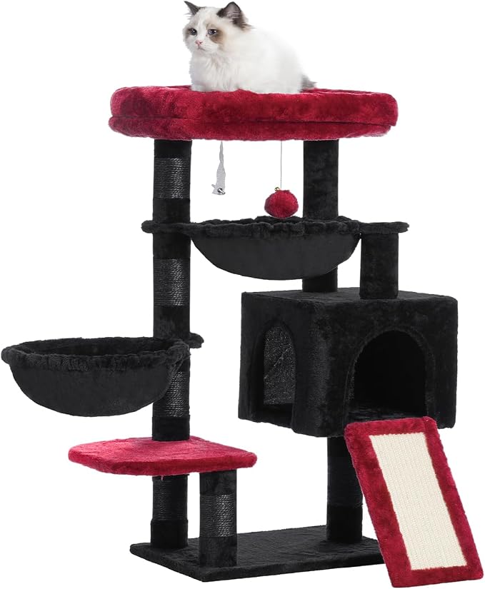 Hey-brother Cat Tree Tower with Large Bed, Hammocks, Scratcher, MPJ006SBR | 35.4 Inches Cat House with Cozy Condo, Sisal Scratching Posts for Indoor Cats, Black and Red by Hey-brother