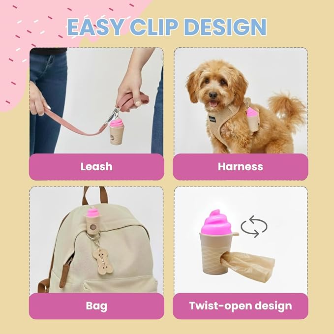 Ice Cream Dog Bag Dispenser | One Clip Doggie Poop Bag Holder | Bags Waste Container for Leash for Small Medium Large All Size Dogs | Cute and Fun Design | 15 Bags Included | Pink Color - Image 5