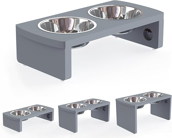 Elevated Dog Bowls, Bamboo Raised Dog Bowl for Small Dogs & Cats, with 2 Stainless Steel Bowls (4'' Tall-20oz Bowl, Grey) by JoyoPawFamily
