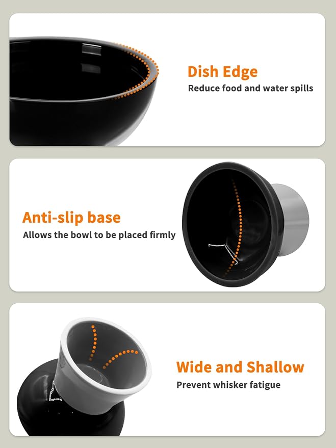 LoeJan Elevated Cat Food and Water Bowls Set, Extra Wide and Raised Ceramic Feeder, Anti-Vomit Whisker-Free Pressure Feeding Bowl for Kittens Adult Small Dogs (Black, Food Bowl) - Image 5