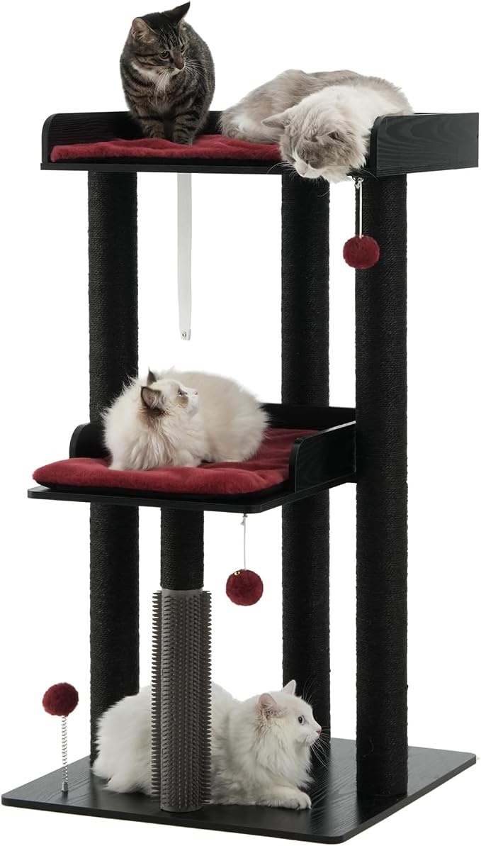 43.7" Modern Cat Tree, Cat Tower for Large Cats, Wood Cat Tree | Maine Coon Cat Tree, Cat Tower with Scratching Post, Large Perch and Removable Pads, Black&Red by FourFurPets