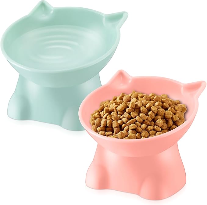 Yaomiao 2 Pcs Plastic Elevated Cat Bowls Raised Pet Food Water Bowls for Small Kitten Pet(Pink, Green) by Yaomiao