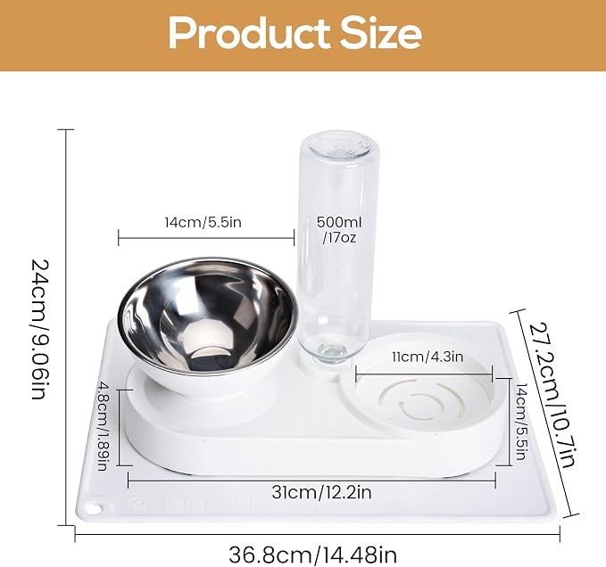 2 in 1 Elevated Dog Cat Bowls, 15°Tilted Pets Water and Food Bowl Set, Pet Feeding Bowls with Automatic Water Bottle and Feeding Mat for Kittens and Small Dogs, White - Image 2