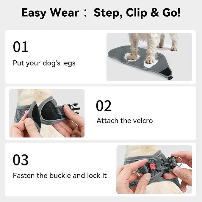 Joytale Step-in Dog Harness, Soft Breathable Mesh, Gray XS | Adjustable Fit for Small Dogs, Easy Step-in with Secure Fastener, Even Chest Pressure, Reflective For Night Safety, Washable - Image 3