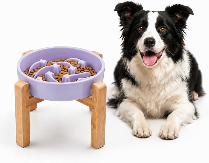 Elevated Ceramic Slow Feeder Dog Bowls Anti-Choking Slow Feeding for Medium& Large Anti-Slip Non-Lead & Toxic Durable Easy to Clean Maze Slow Feeder Bowl（8.66in Light Purple Stars Pattern） by addggo