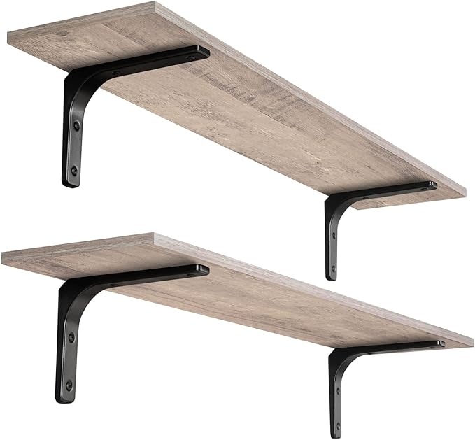 Long Wall Shelves, 39.4Inch Wooden Wall Mounted Shelves, Set of 2 | Large Floating Book Shelf, Metal Bracket, Easy Assembly, Max Load 33lbs, Wall Storage Ledges, Bedroom/Bathroom/Kitchen Greige by DINZILVJ